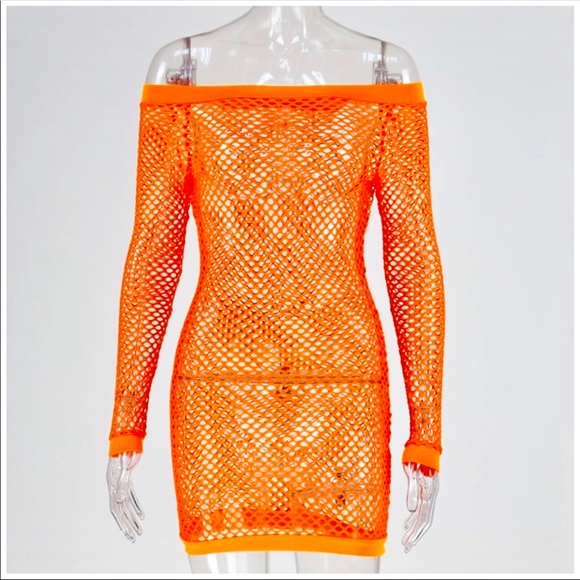 neon orange mesh dress Glitter Mesh Cut Out Dress in Neon Orange
